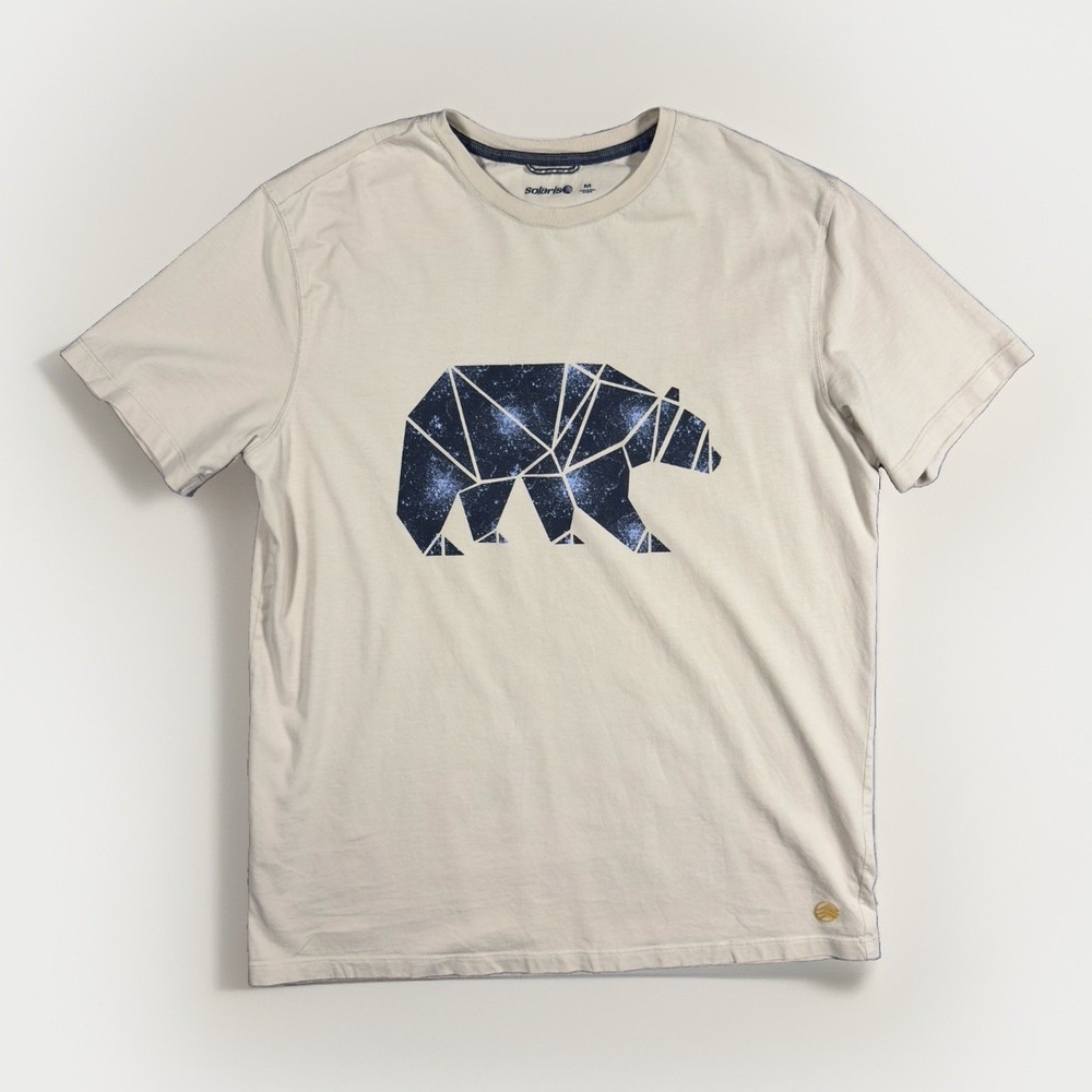 Solaris Mens M Bear Graphic T Shirt Beige Navy Geometric Cotton Tee